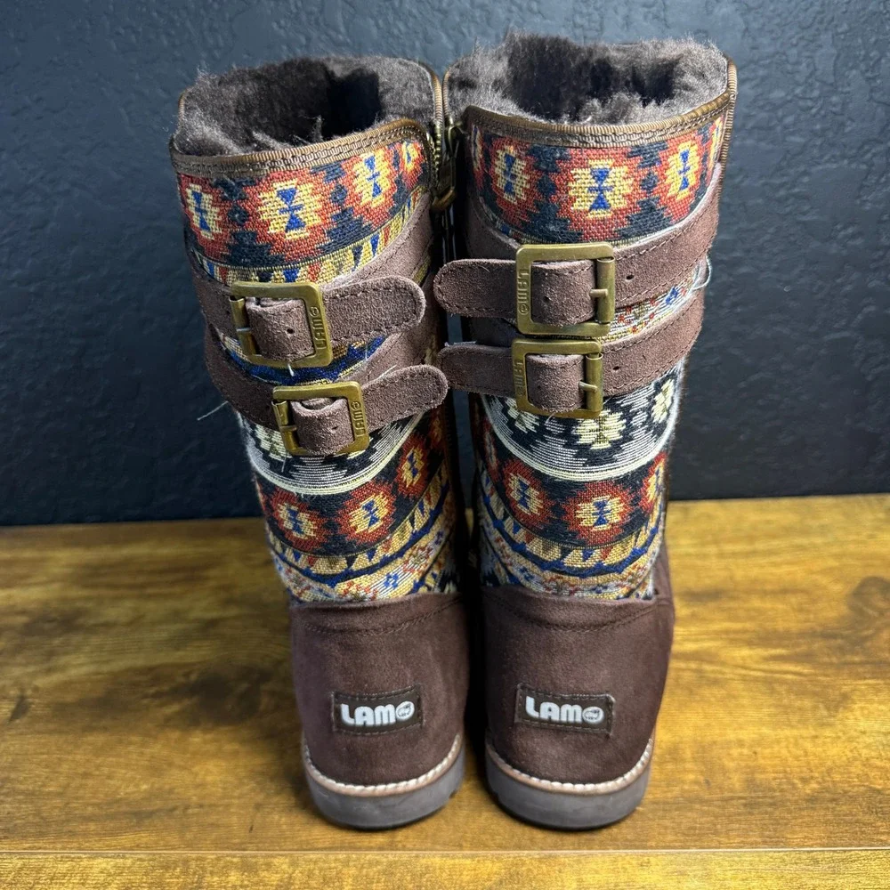Lamo Tribal Pattern Suede Textile Mid-Calf Boot Womens Size 10‎ Brown